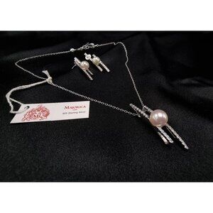 Rare Find Majorica 925 Sterling Silver Pearl Necklace & Earrings Set